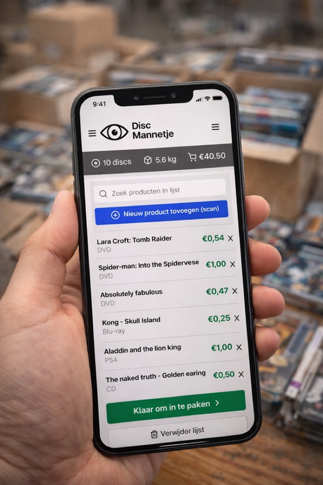 De Discmannetje-app scant de barcode van een dvd en toont direct de prijs