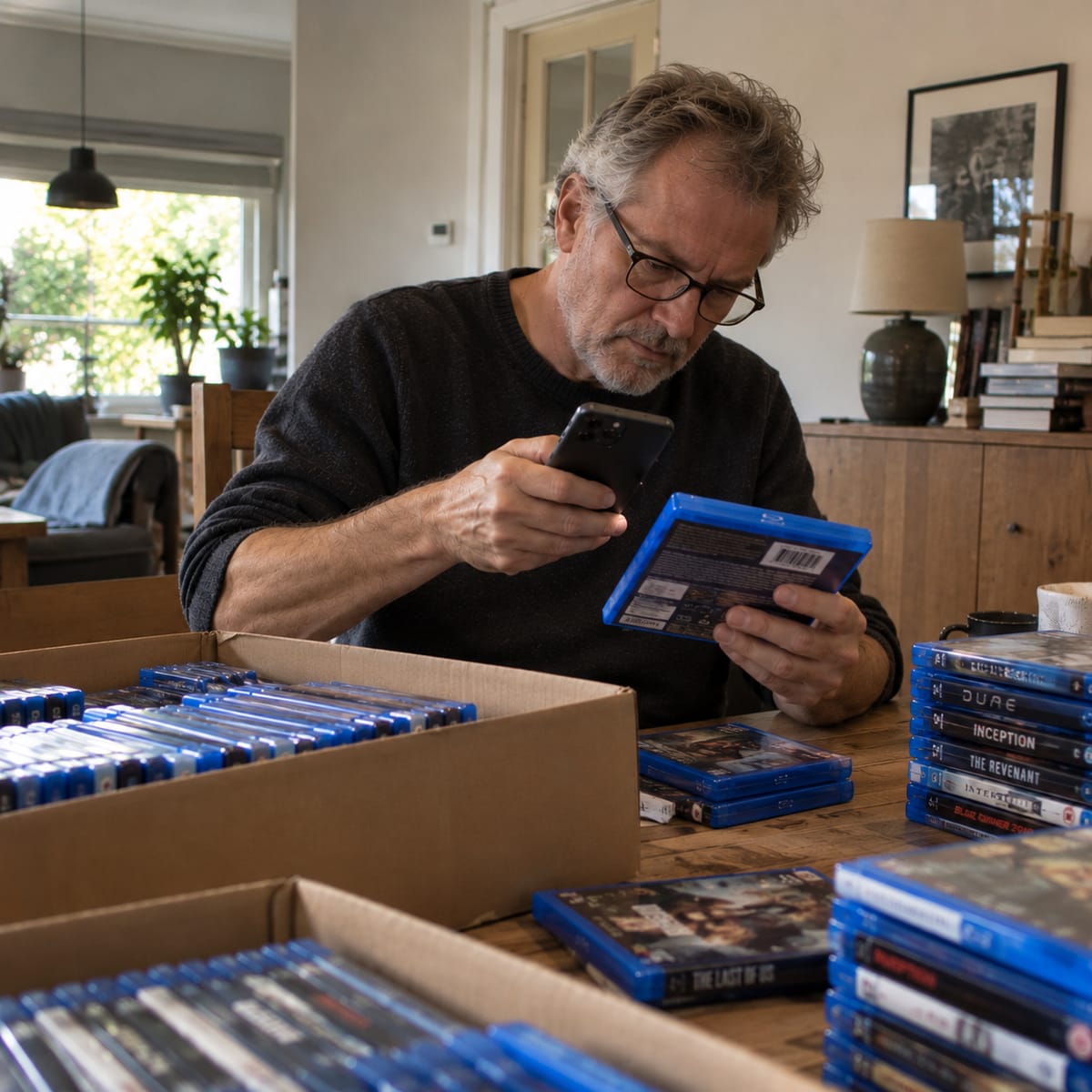 Man scant de barcode van een blu-ray met de Discmannetje-app, met dozen vol blu-rays op tafel